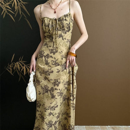 Floral Ink Print Strappy Waist-Tie Cami Dress