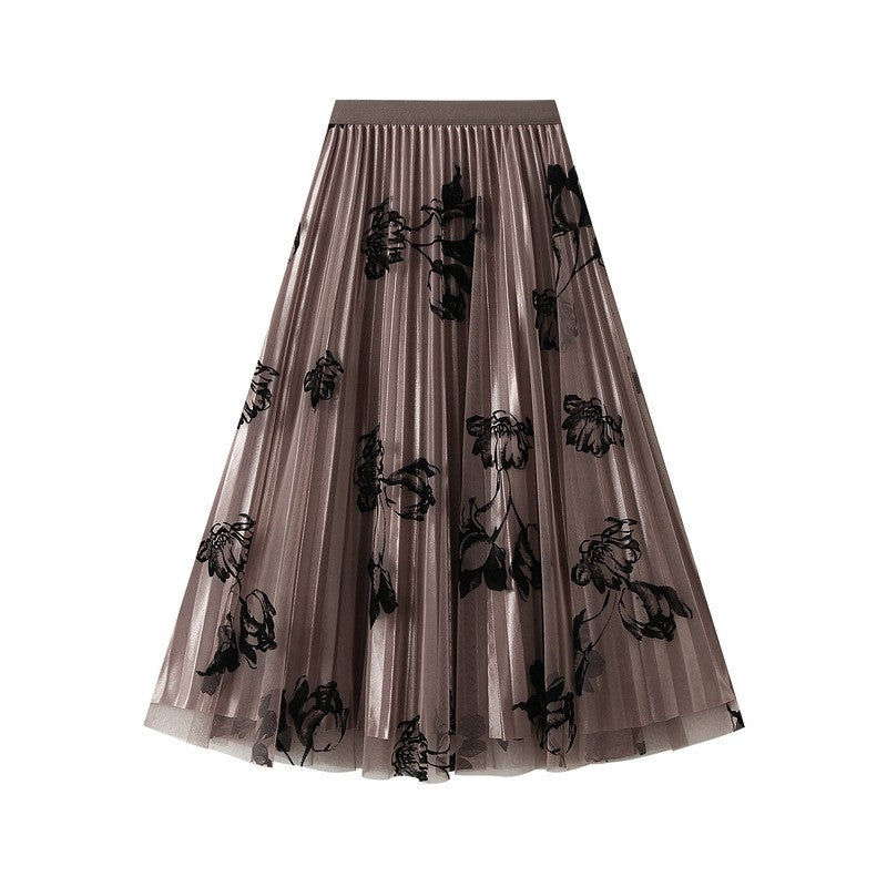 Floral Flock Mesh Patchwork A-Line Skirt