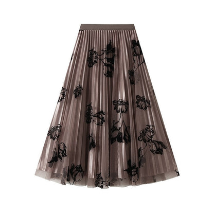 Floral Flock Mesh Patchwork A-Line Skirt
