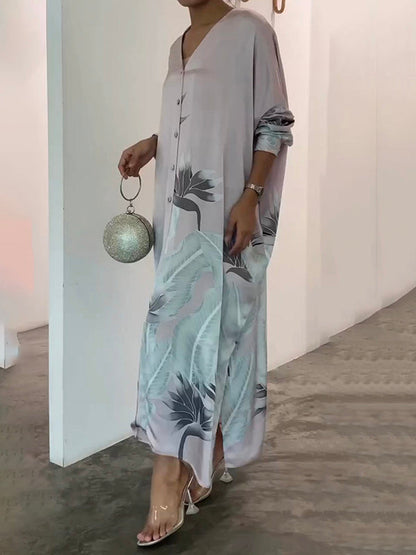 Long Sleeve Buttoned Muslim V-Neck Midi Dress with Contrast Color Flower & Leaves Print
