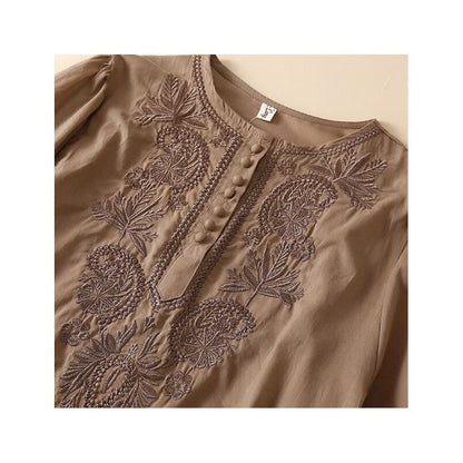 Embroidered Cotton Linen Loose Fit Round Neck Top