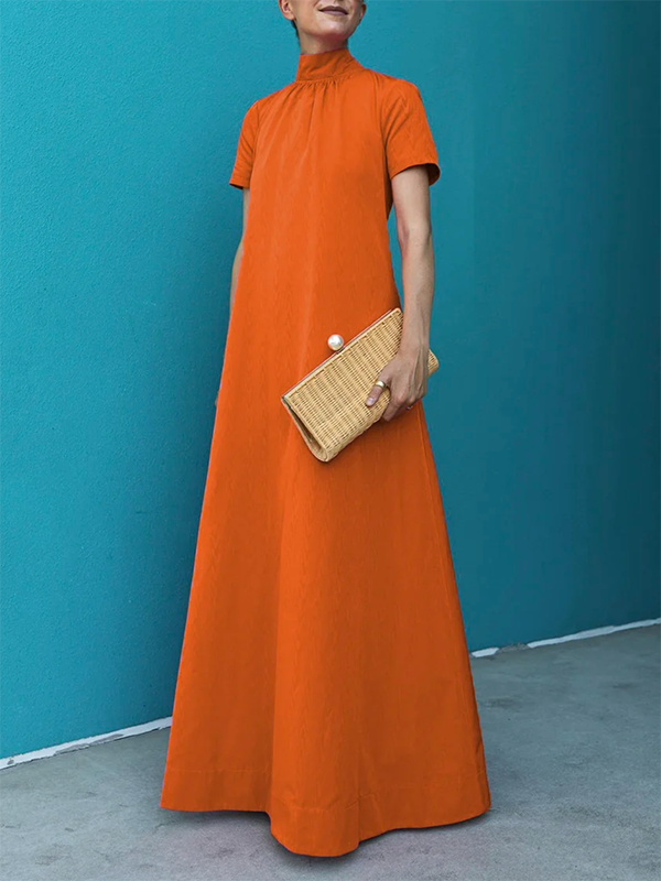 Relaxed Fit Short Sleeve Solid Color High-Neck Maxi Dress