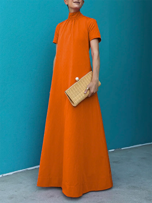 Relaxed Fit Short Sleeve Solid Color High-Neck Maxi Dress