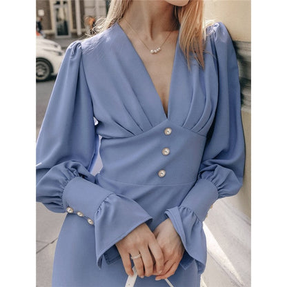 Vibrant V-Neck Midi Dress with Lantern Sleeves and High Waist
