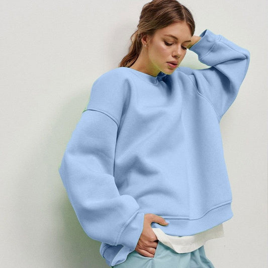 Casual Loose Fit Solid Color Crewneck Cotton  Sweatshirt