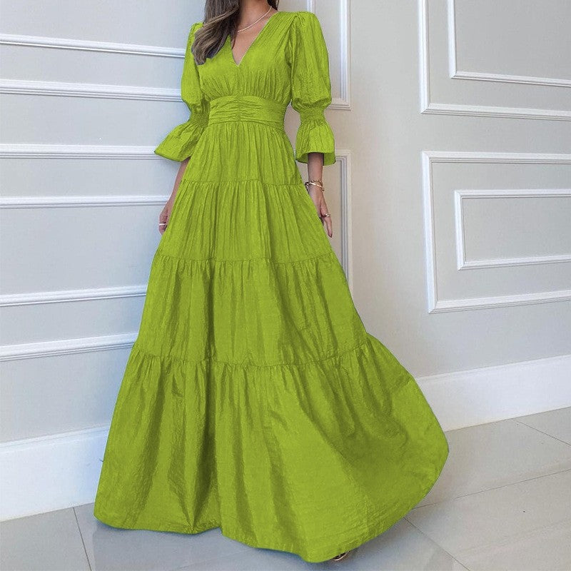 Chic Solid V-Neck Long Sleeve Midi Dress