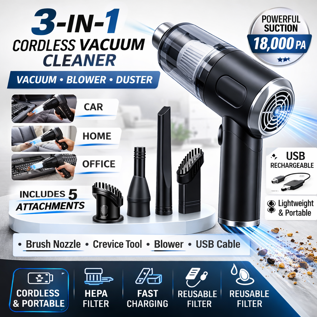 3-in-1 Handheld Wireless Vacuum Cleaner – Portable & Multi-Purpose