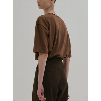 Round-Neck Short-Sleeved Plain T-Shirt With Contrast Hem For Women.