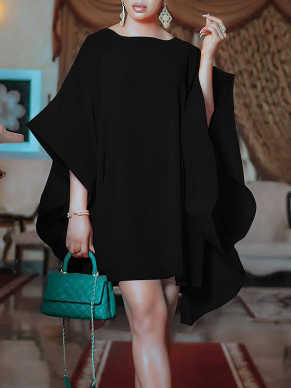 Loose-Fit Batwing Sleeve Mini Dress in Solid Color with Round Neck