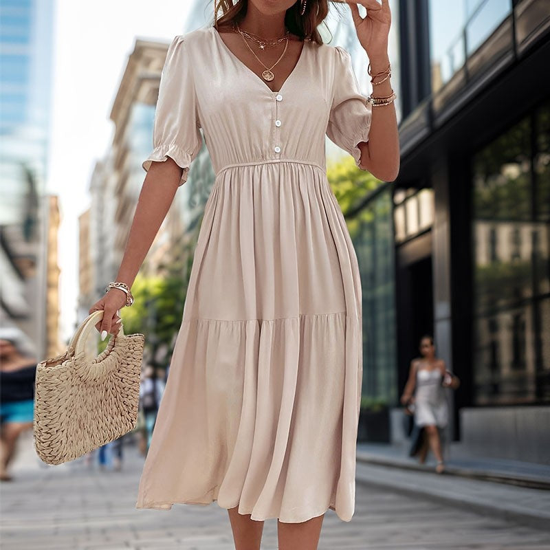 Stylish V-Neck Dress with Waist Cinching - Solid Color