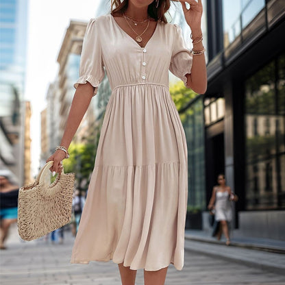 Stylish V-Neck Dress with Waist Cinching - Solid Color