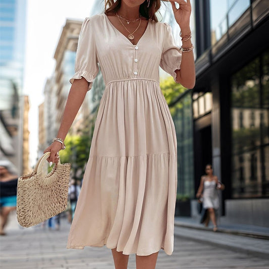 Stylish V-Neck Dress with Waist Cinching - Solid Color