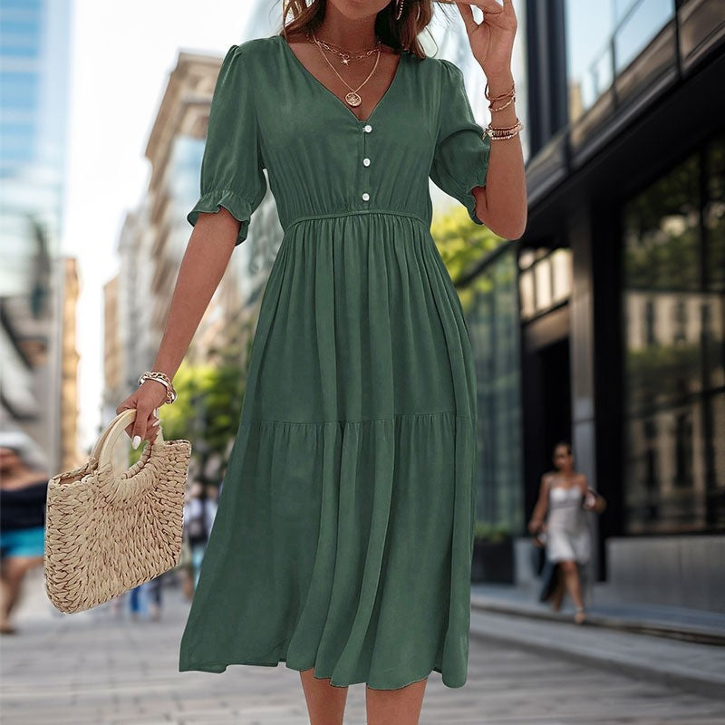 Stylish V-Neck Dress with Waist Cinching - Solid Color