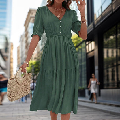 Stylish V-Neck Dress with Waist Cinching - Solid Color
