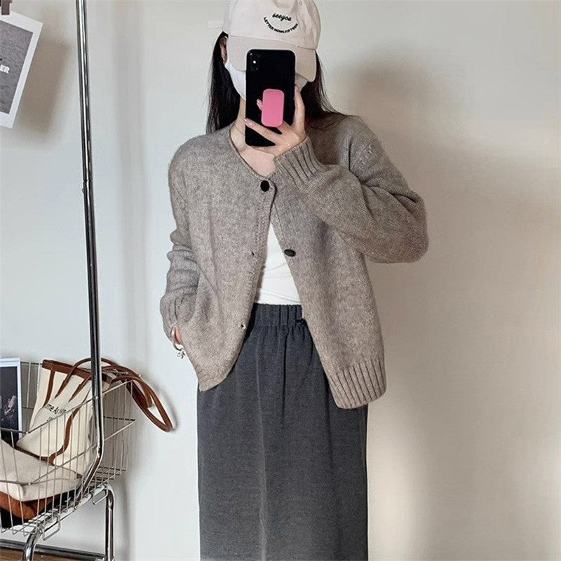 Solid Color Long Sleeve Crewneck Single Breasted Casual Loose Knitted Cardigan