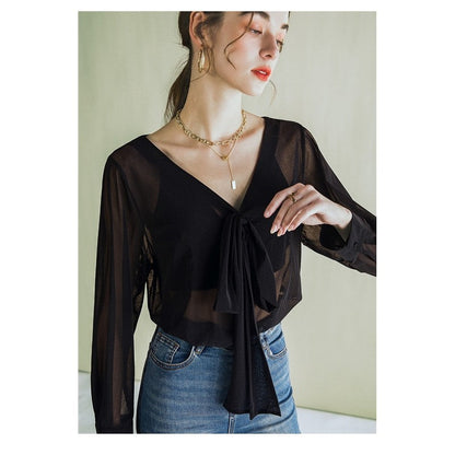 Solid Color V-Neck Bandage Long Sleeve Sheer T-Shirt