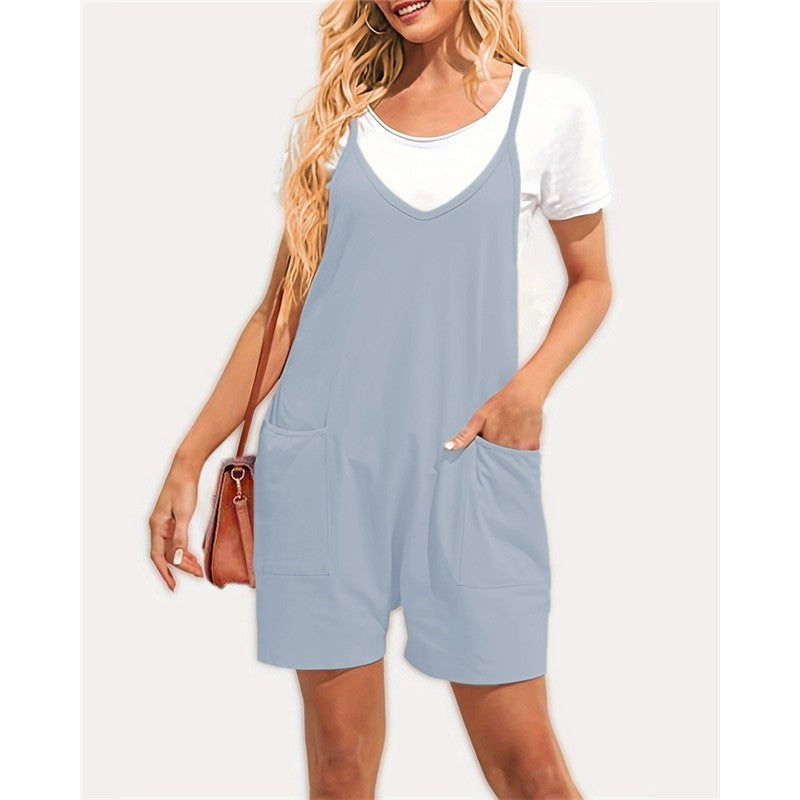 Solid Color Spaghetti Straps Sleeveless Pockets Casual Loose Short Jumpsuits