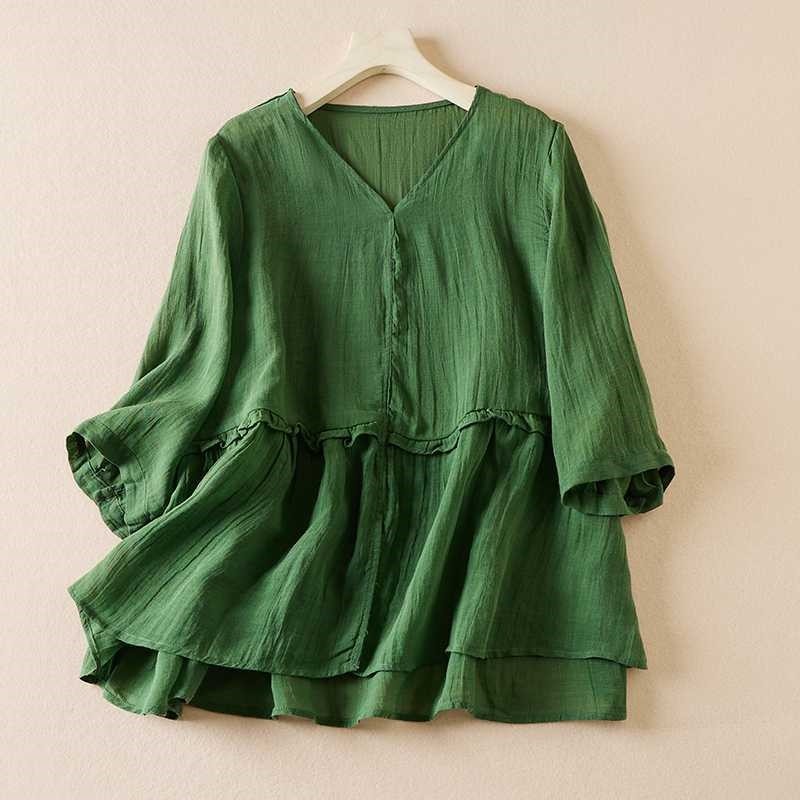 V-Neck Linen Shirt Featuring Distinctive Mushroom Edge