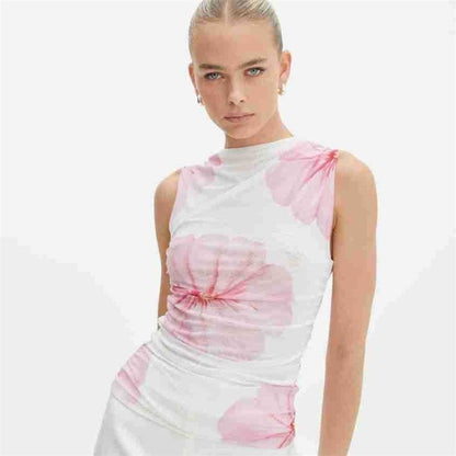 Printing Sleevelss Pleated Slim Tank Top