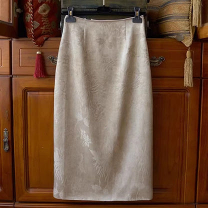 Retro Jacquard High Waisted Slit Skirt