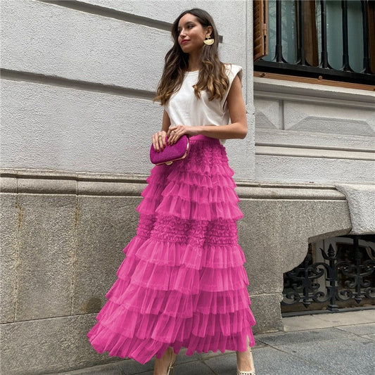 Chic Solid Color Mesh Cake Skirt