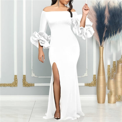 One-Shoulder Solid Color Evening Dress with Slit and Ruffle Sleeve