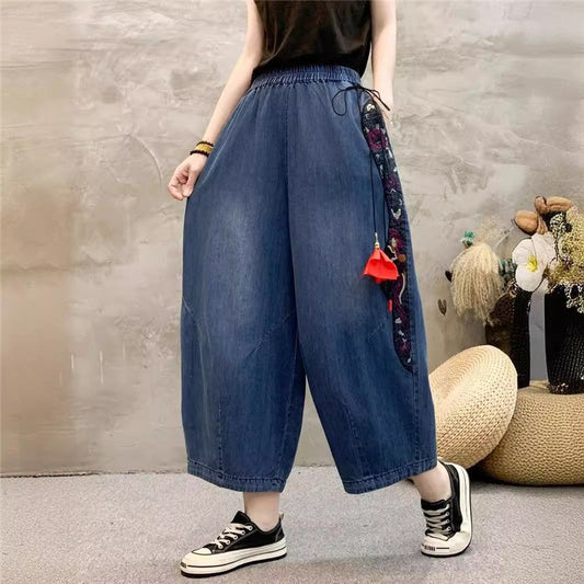 High-Waisted Wide Leg Pants With Embroidery And Tassels