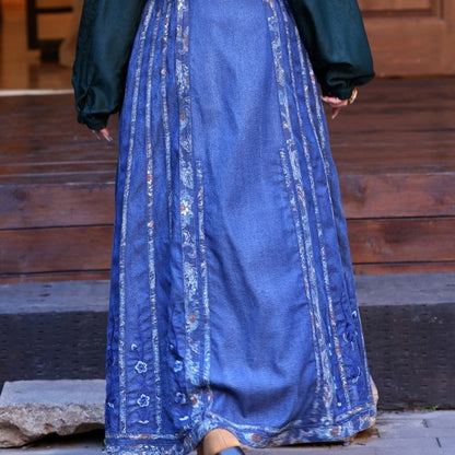 Vintage Denim Midi Skirt with Intricate Embroidery