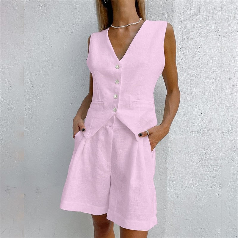 Casual Two-Piece Suit with Sleeveless Single-Breasted Vest and Shorts in Solid Color
