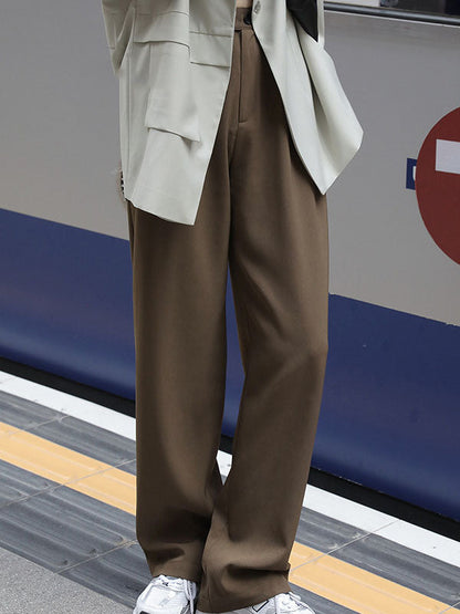 High Waisted Loose Buttoned Pleated Pockets Solid Color Suit Pants