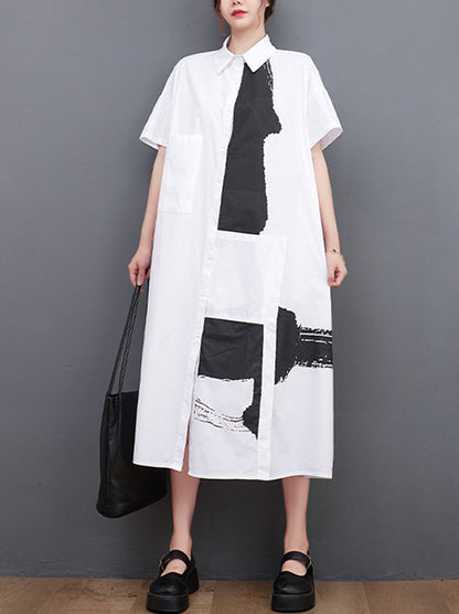 Original Loose Short Sleeves Buttoned Contrast Color Printed Midi Dresses