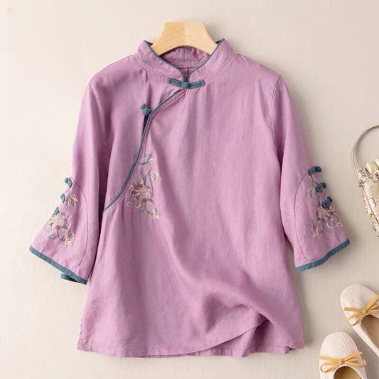 Chic Embroidered Mandarin Collar Cotton and Linen Tea Dress