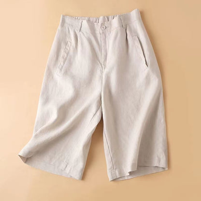 Women's Cotton And Hemp Loose Fit High Waist Wide Leg Elastic Shorts