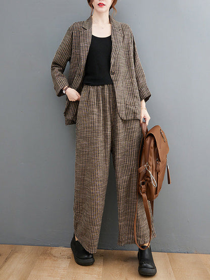 Vintage Ramie Cotton Notched Collar One Button Suits+Column Pants 2 Pieces Set