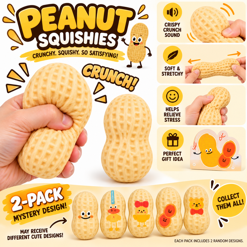 Crunchy Squishies Peanut Squeeze Toy 2-Pack – Mystery Design Crispy Crunch Stress Balls | ASMR Sensory Fidget Toys for Adults & Kids | Realistic Peanut Shell Squishies