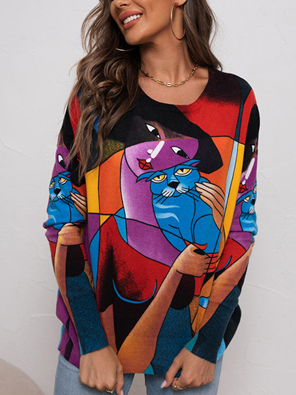 Long Sleeves Loose Animal Printed Figure Round-Neck Knitwear Pullovers Sweater Tops
