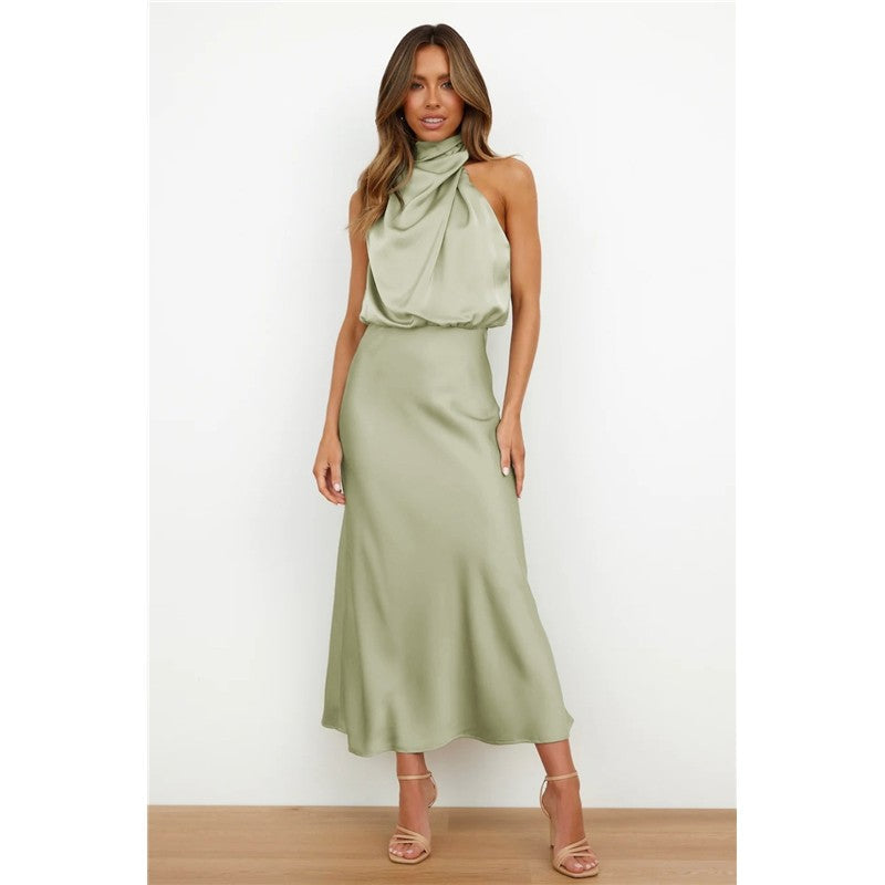 Solid Color Half Turtleneck Sleeveless Satin Dress