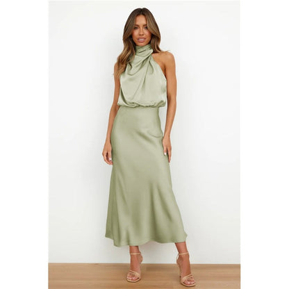 Solid Color Half Turtleneck Sleeveless Satin Dress