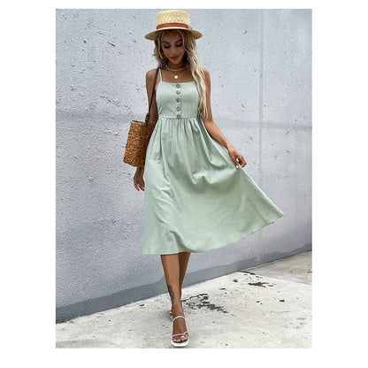 Solid Color Spaghetti Straps Square Neck Sleeveless A-Line Maxi Dress