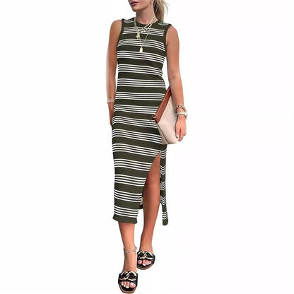 Striped Maxi Dress with Sleeveless Design and Hollow Knit Fabric, featuring Side Slits