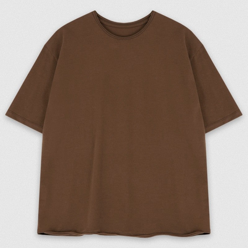 Round-Neck Short-Sleeved Plain T-Shirt With Contrast Hem For Women.