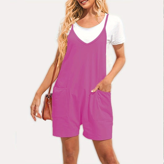 Solid Color Spaghetti Straps Sleeveless Pockets Casual Loose Short Jumpsuits