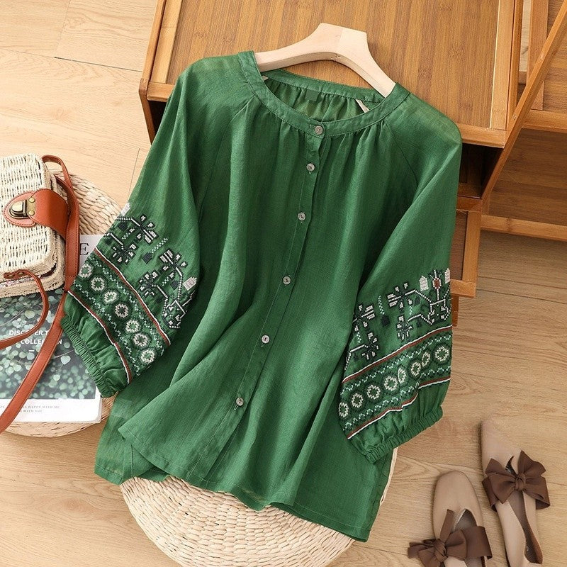 Embroidered Lantern Sleeve Cardigan T-Shirt