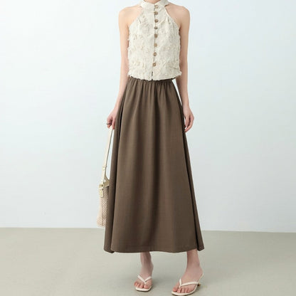 Solid Color Elastic Waist A-Line Skirt with Flared Hem
