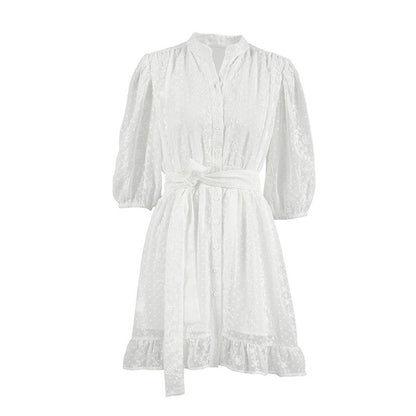Open-Front Jacquard Perspective Sleep Dress with Five-Point Sleeves