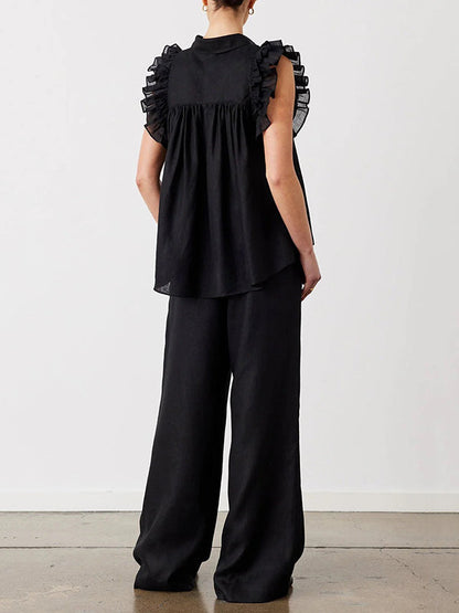 High Waisted Loose Pockets Solid Color Pants Trousers
