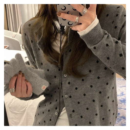 Round Neck Polka Dot Jacquard Knit Cardigan