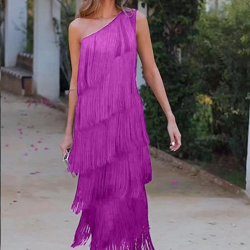Fringe-Trimmed Asymmetric One-Shoulder Dress