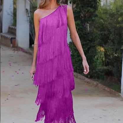 Fringe-Trimmed Asymmetric One-Shoulder Dress