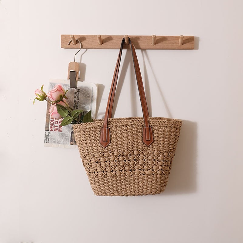 Straw Woven Tote with Hollow-Out Design and Spacious Interior